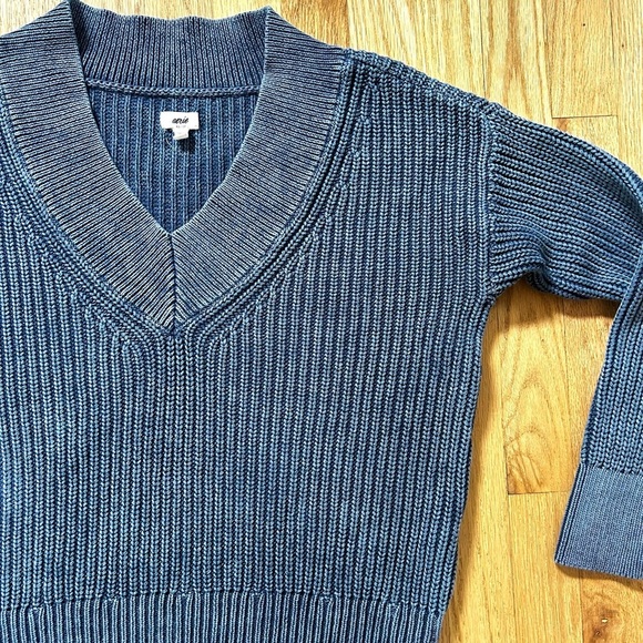 AERIE wide v-neck chunky rib oversized sweater 100% cotton coastal blue size XS - Picture 3 of 11